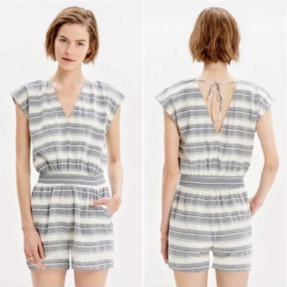 Madewell Yucatan Striped Romper Shorts Sleeveless Summer Blue White Size XS